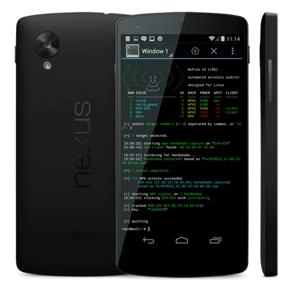 Nexus 5 Linux mobile lab phone, front and back view with a terminal window on screen