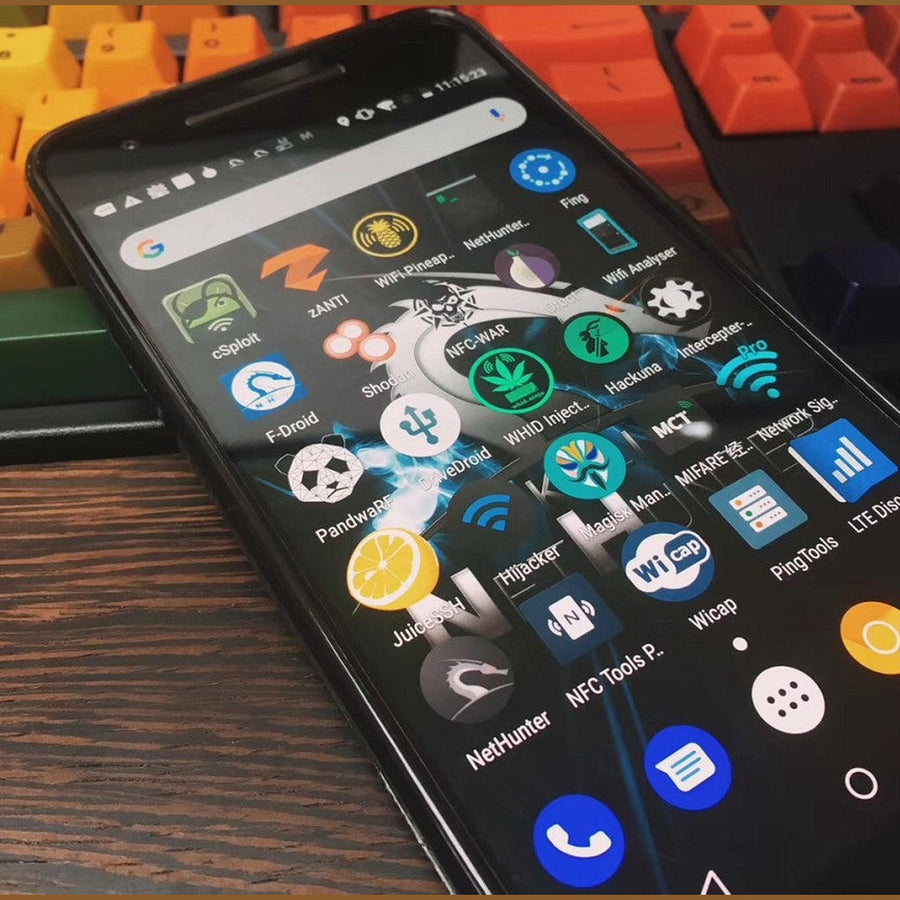 Nexus 5X front view with the Kali NetHunter home screen and tool icons