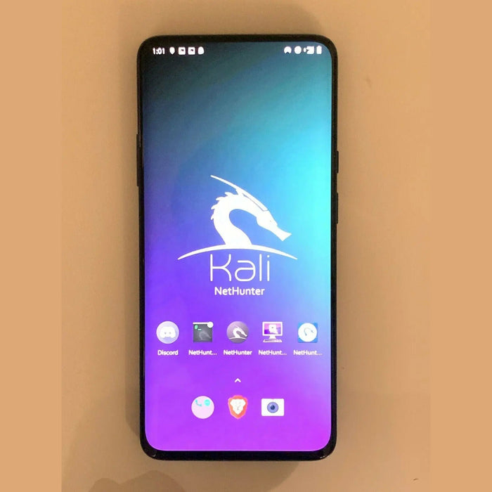 OnePlus 7 Pro front view with the Kali NetHunter wallpaper