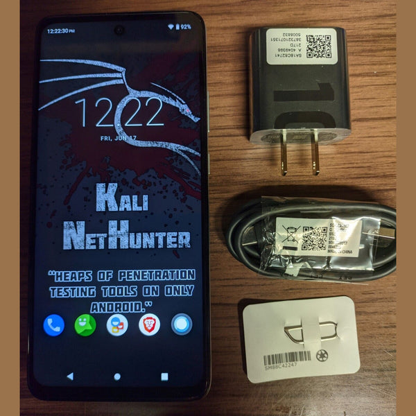 Motorola One 5G Ace with Kali NetHunter screen, charger, USB cable and SIM tool